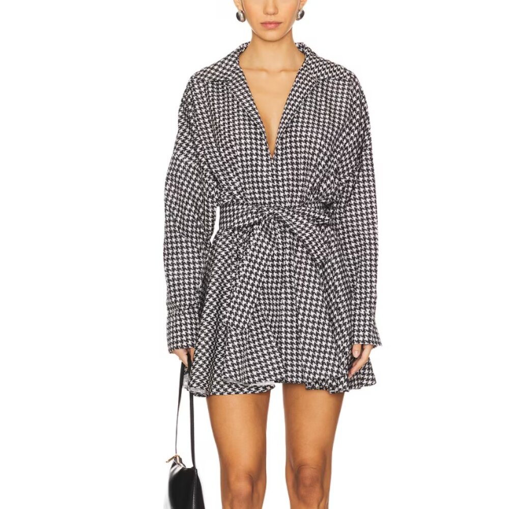 Norma Kamali Oversized Shirt Flared Mini Dress (Houndstooth)